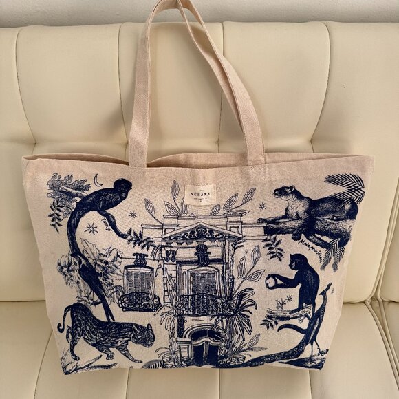 Sezane Paraiso limited edition exotic jungle animal print tote bag, navy, NWOT - Picture 1 of 3
